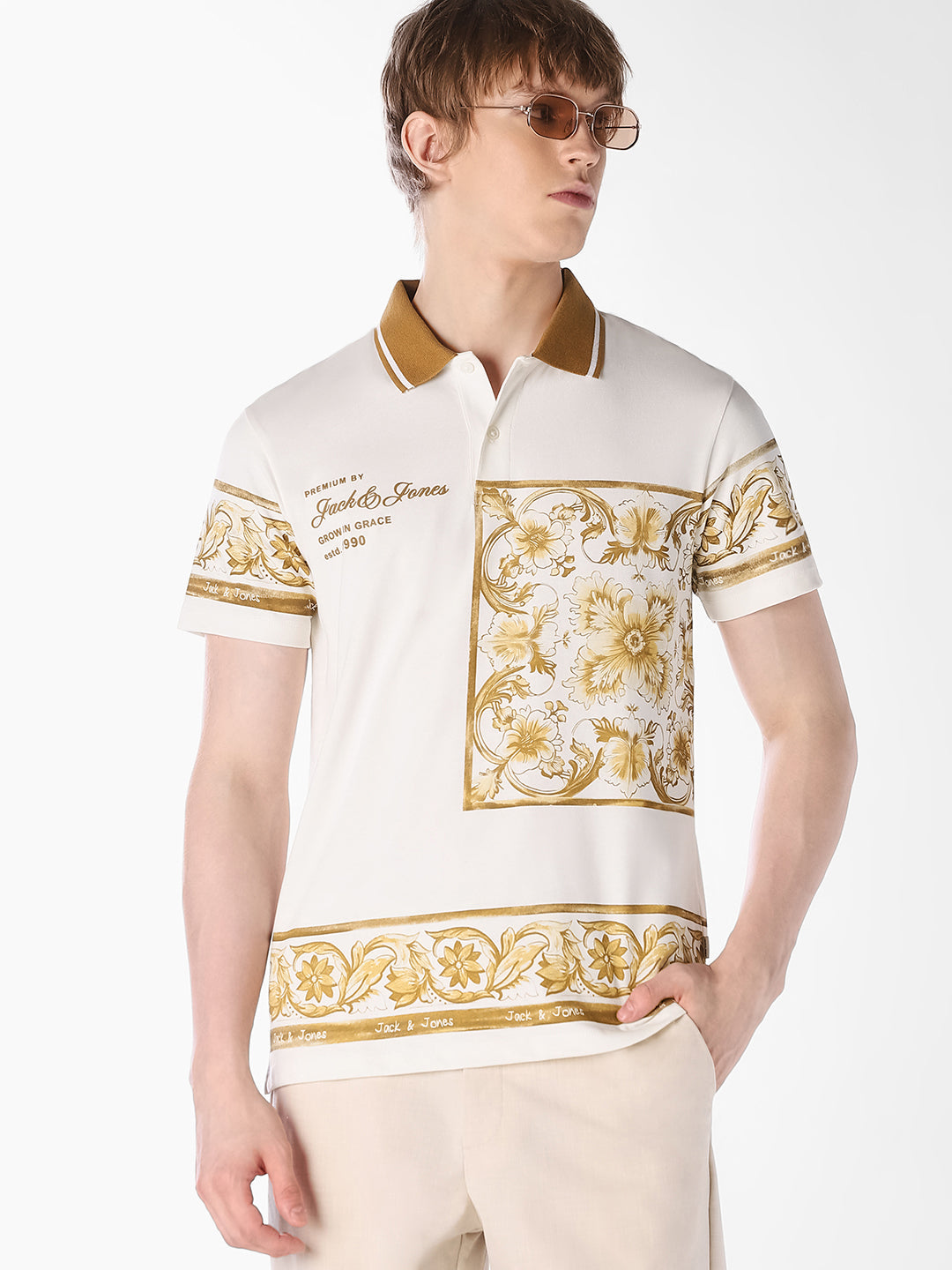 White Printed Cotton Polo - S