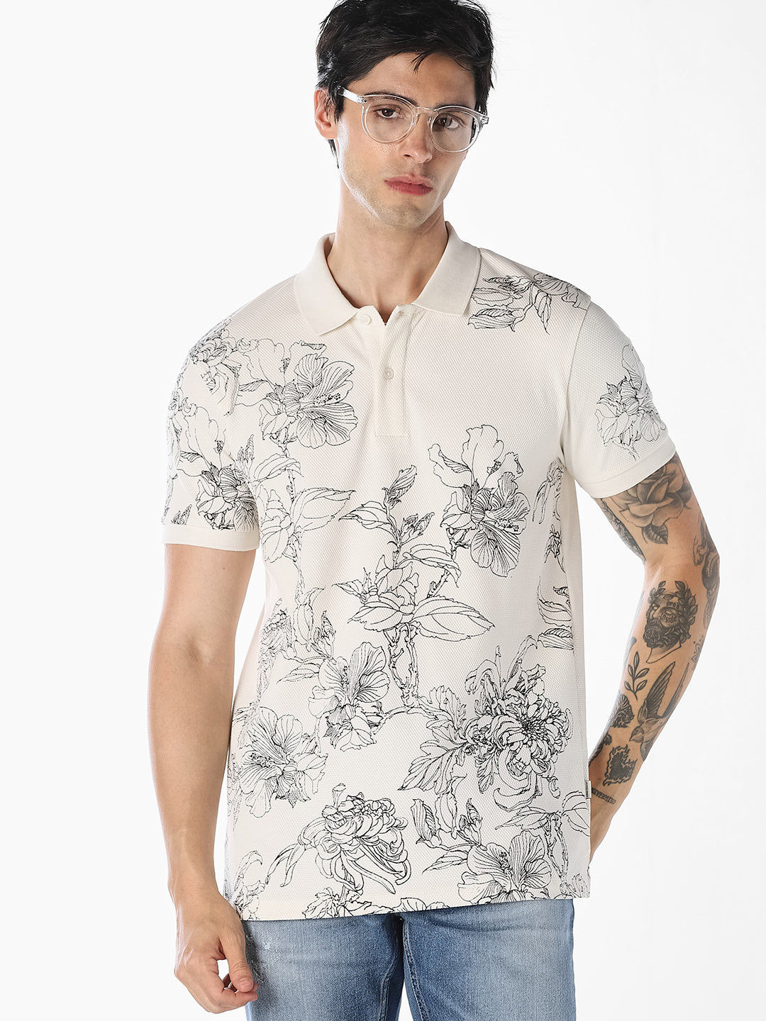 White Printed Cotton Polo