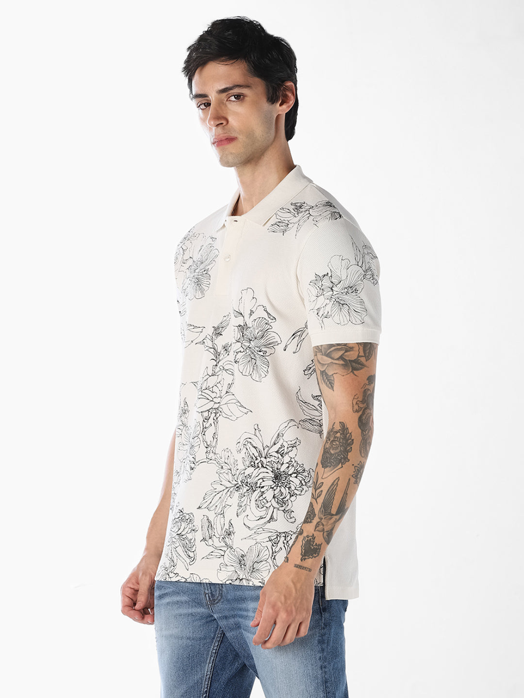 White Printed Cotton Polo
