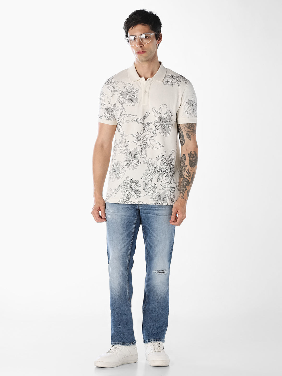 White Printed Cotton Polo