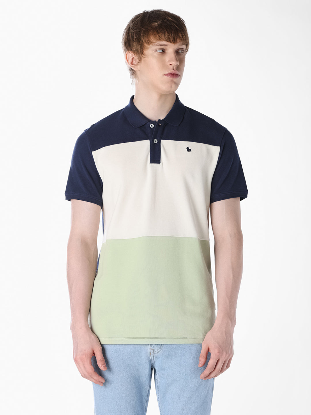 Blue Colourblocked Regular Fit Polo