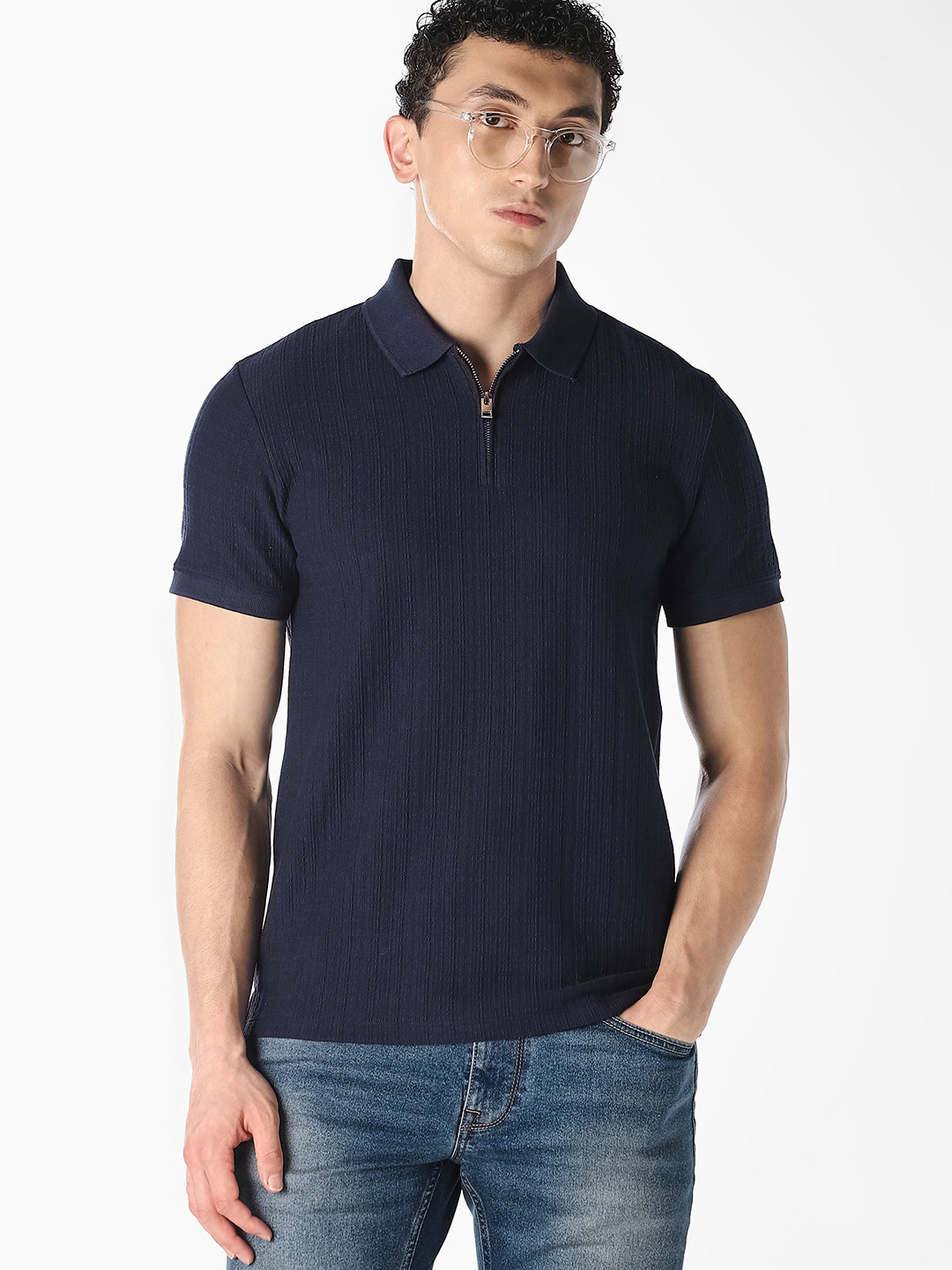Navy Ribbed Zip Polo - S