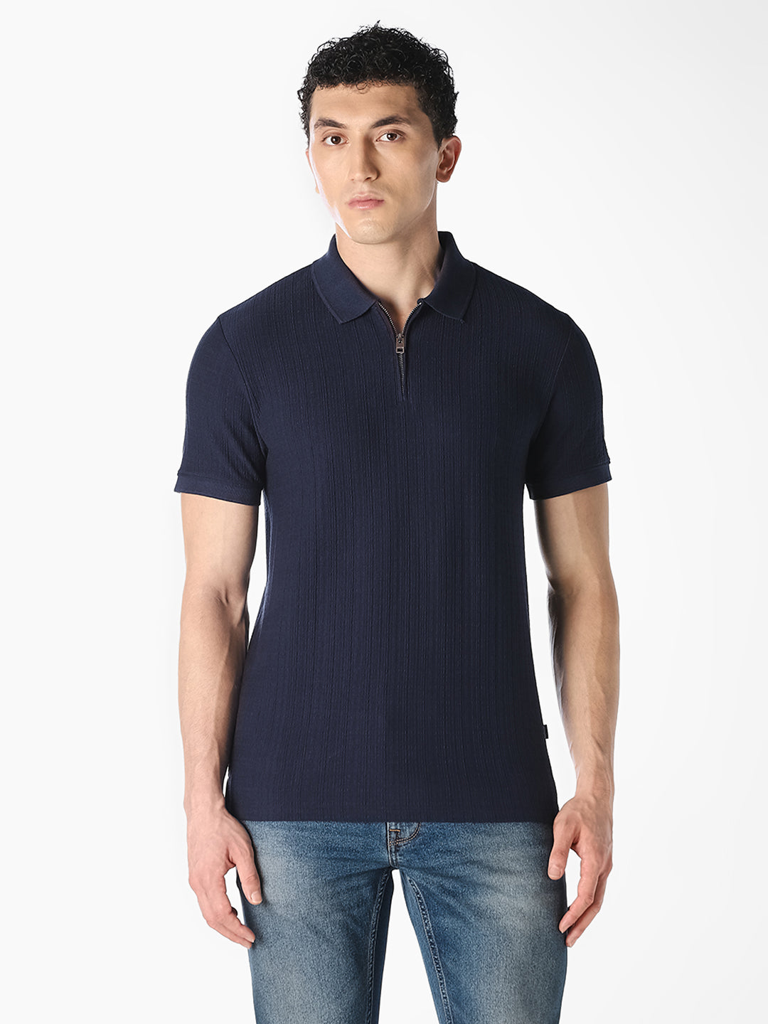 Navy Ribbed Zip Polo