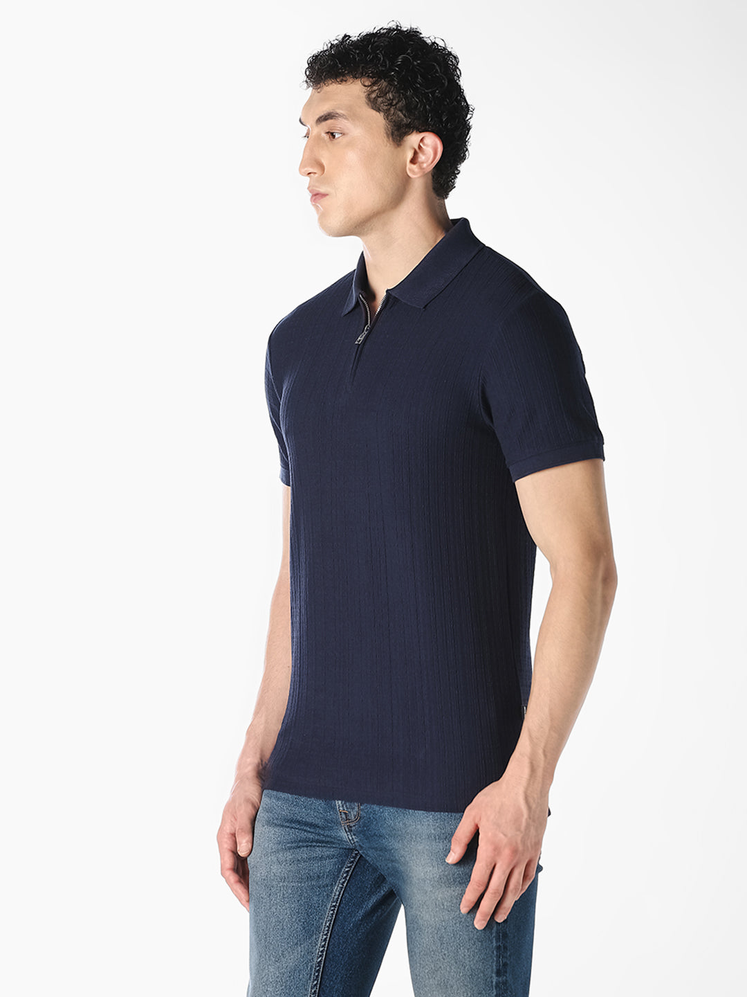 Navy Ribbed Zip Polo