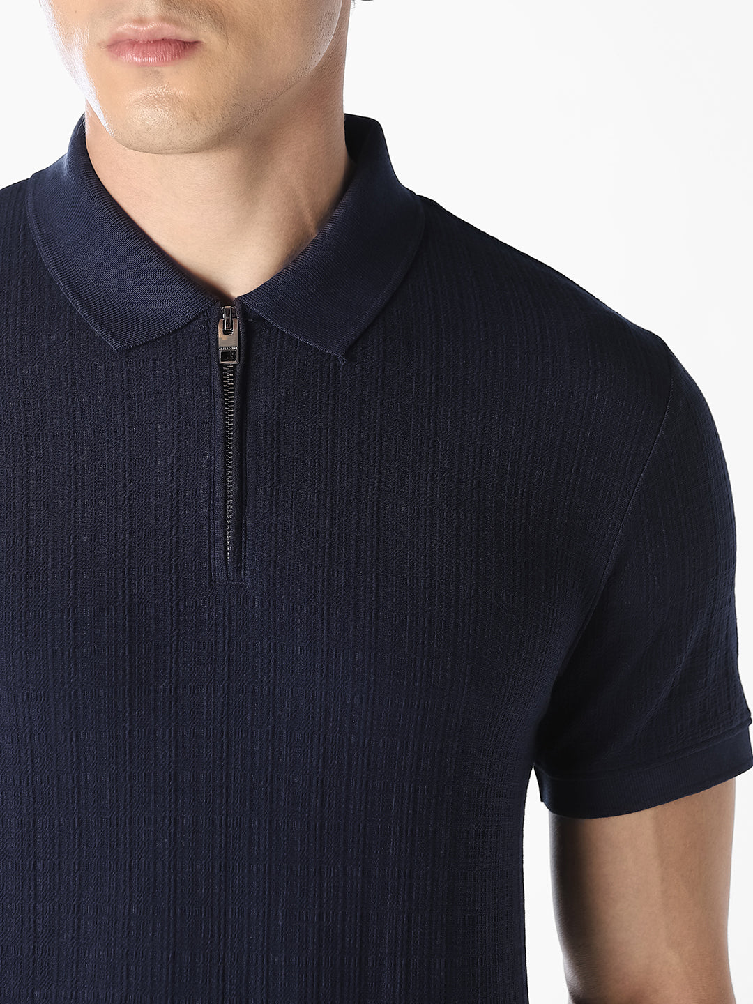Navy Ribbed Zip Polo