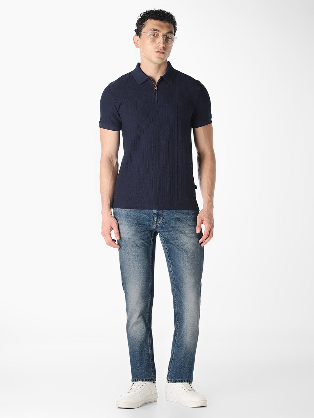 Navy Ribbed Zip Polo