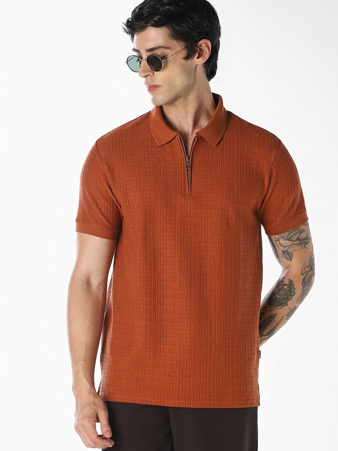 Ginger Brown Ribbed Zip Polo - S