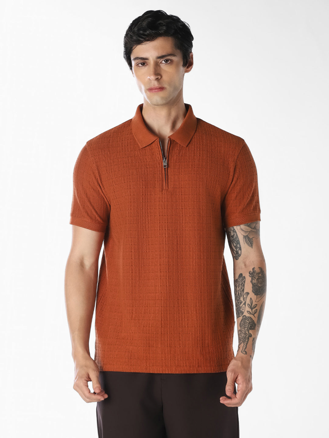 Ginger Brown Ribbed Zip Polo
