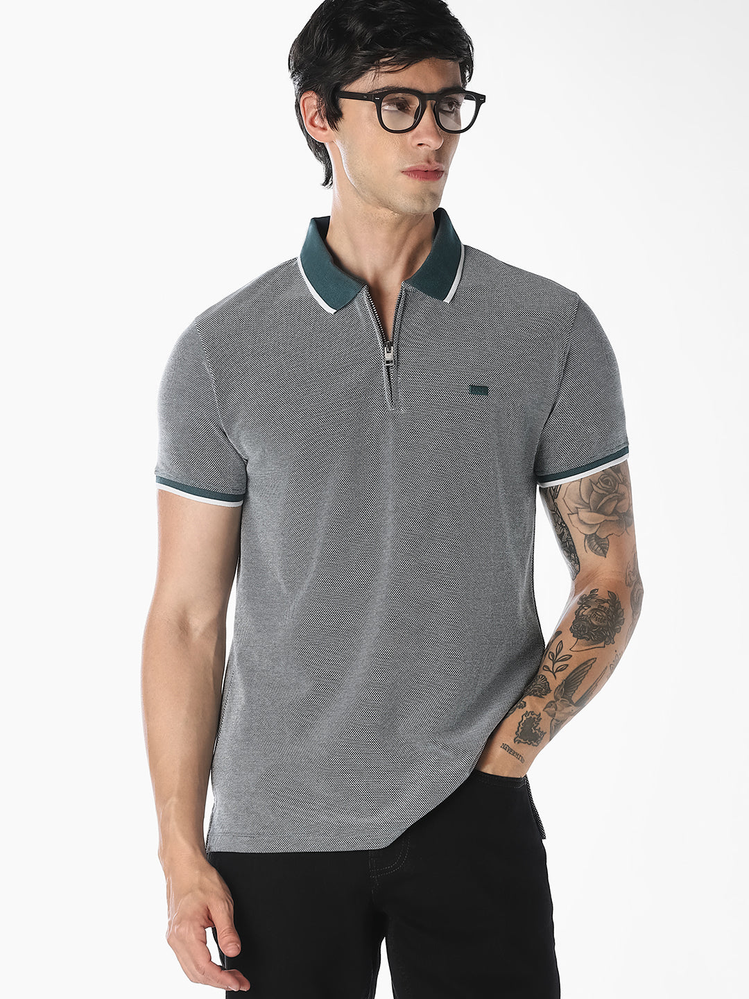 Grey Melange Zip Knitted Polo - S