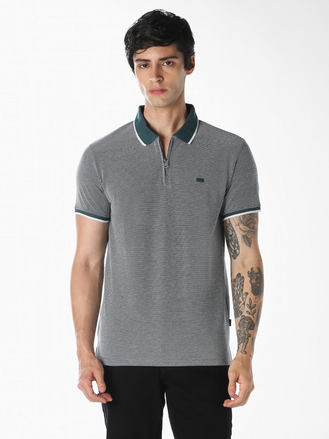 Grey Melange Zip Knitted Polo