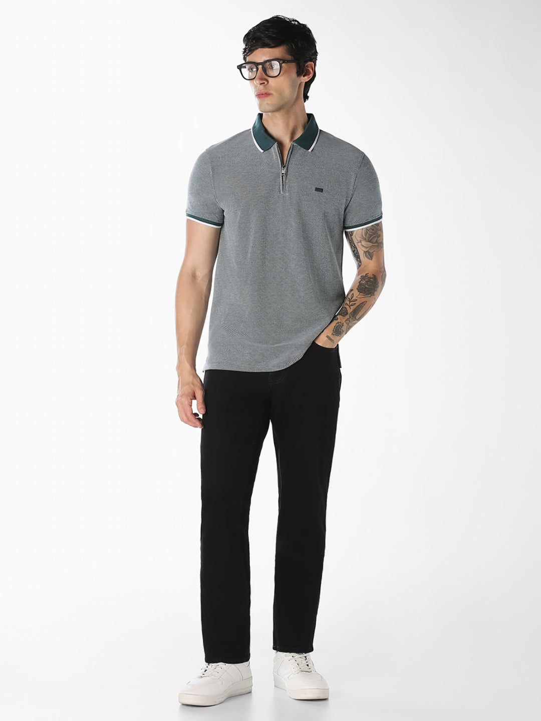 Grey Melange Zip Knitted Polo