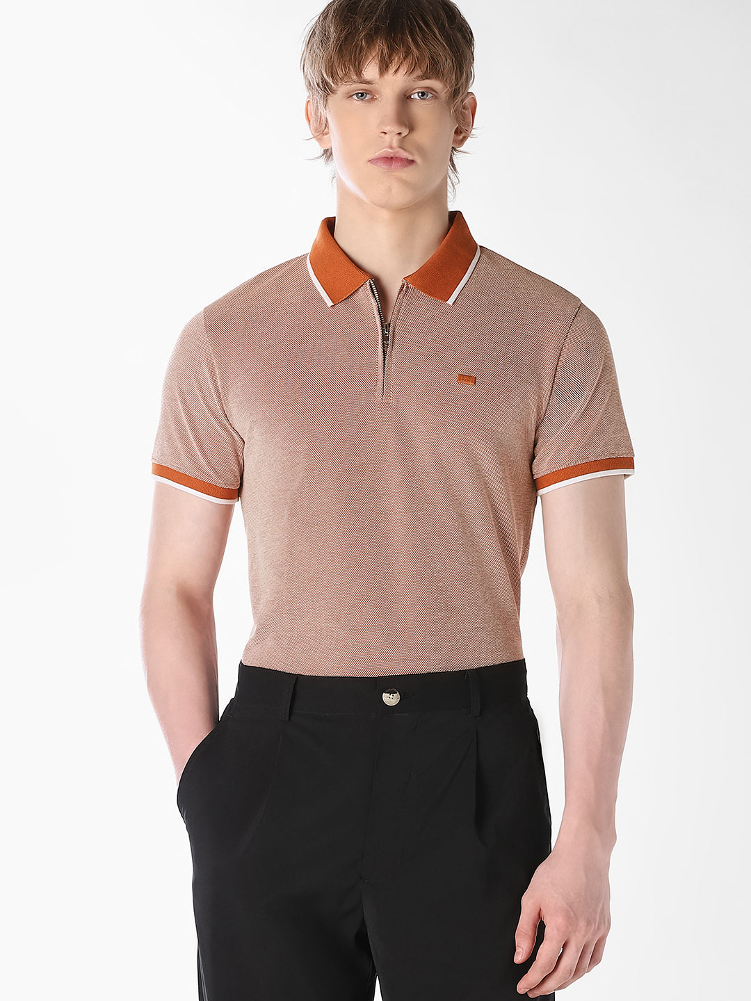 Brown Contrast Collar Polo - S