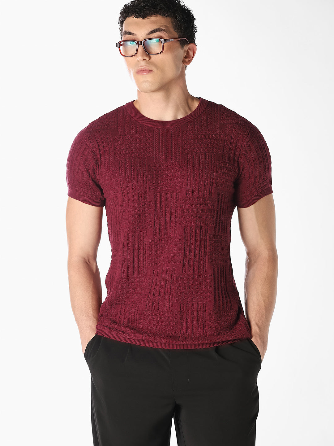 Dark Red Textured Knitted Pullover