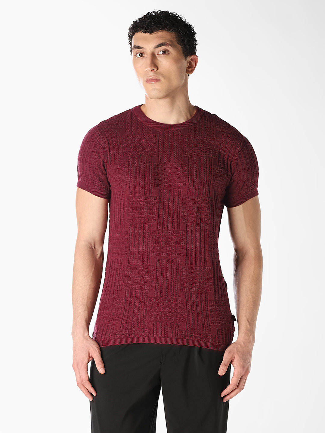 Dark Red Textured Knitted Pullover
