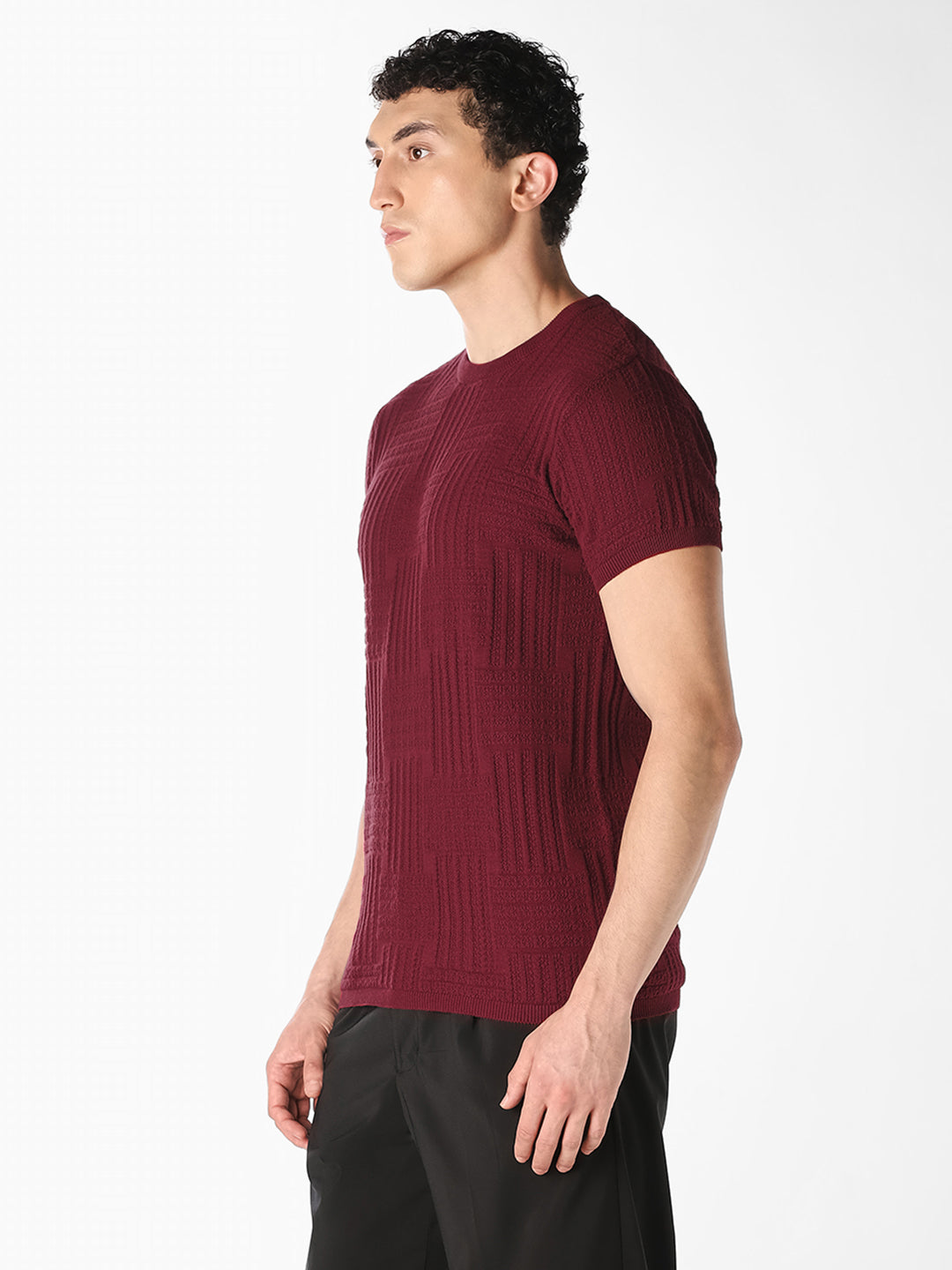 Dark Red Textured Knitted Pullover