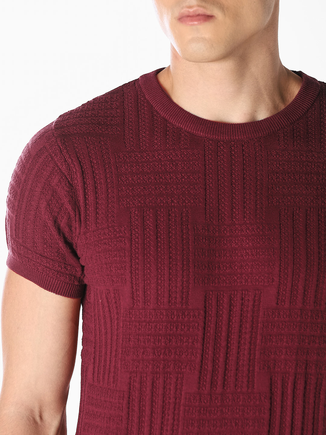 Dark Red Textured Knitted Pullover