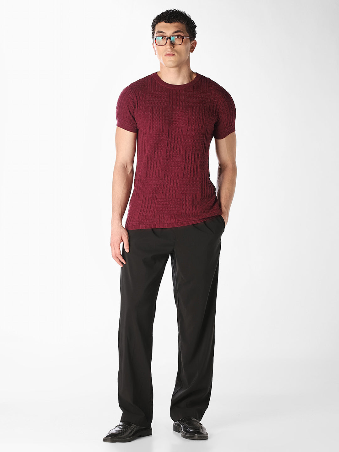 Dark Red Textured Knitted Pullover