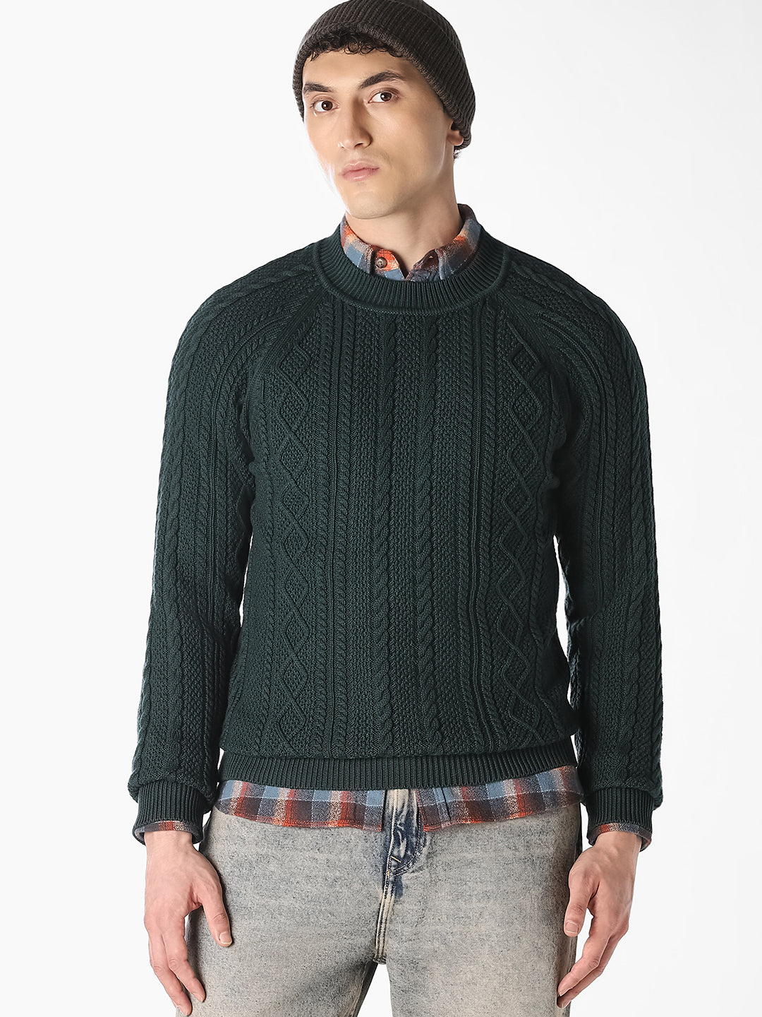Dark Green Cable Knit Pullover - S
