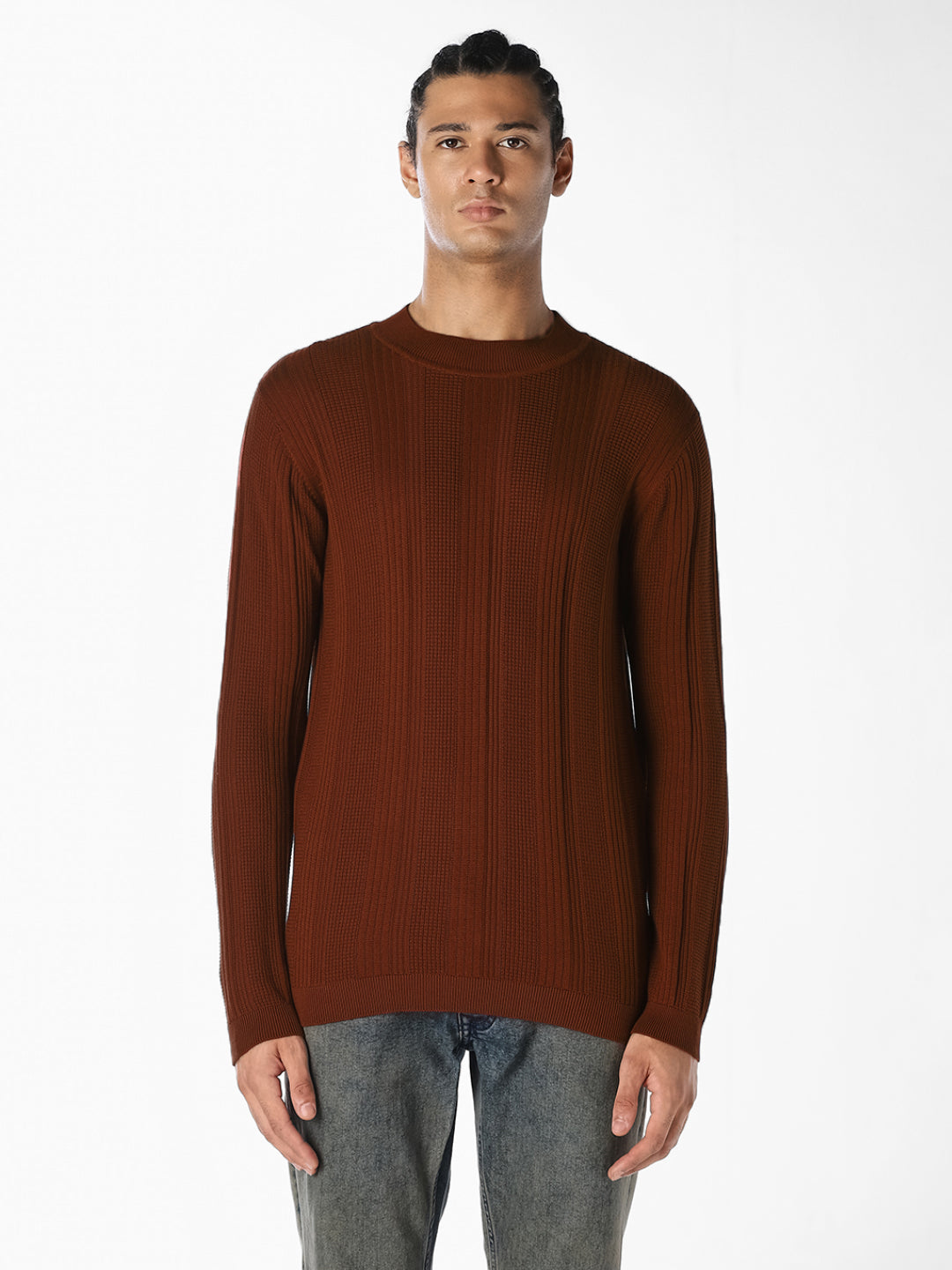 Brown Ribbed Knit Pullover