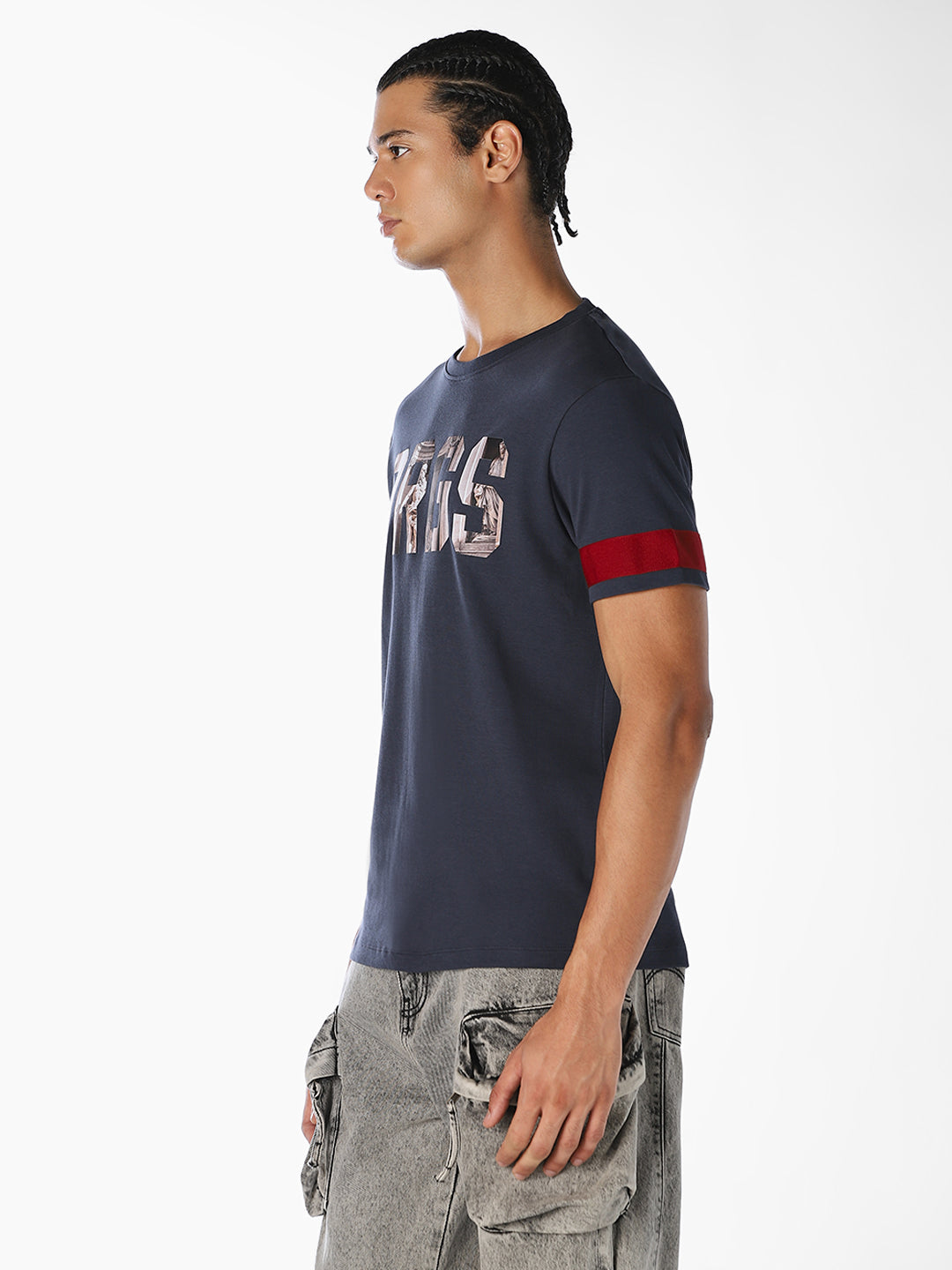 Dark Blue Printed Cotton T-shirt