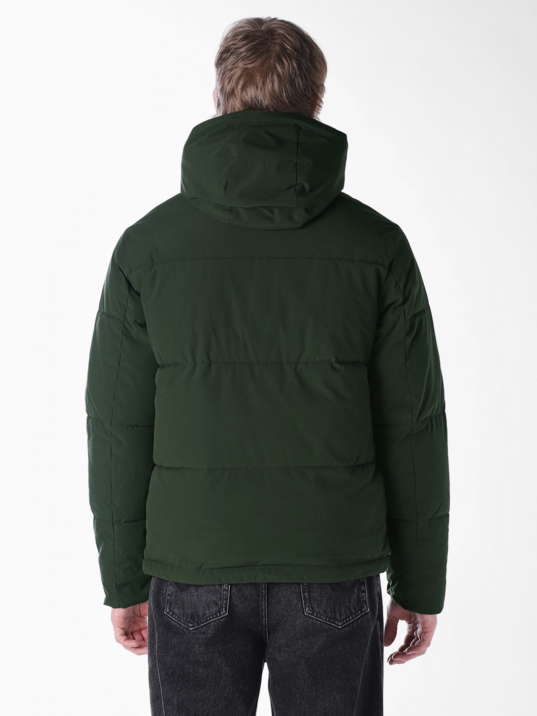 Green Solid Regular Fit Puffer Jacket