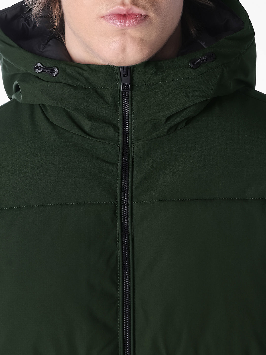 Green Solid Regular Fit Puffer Jacket