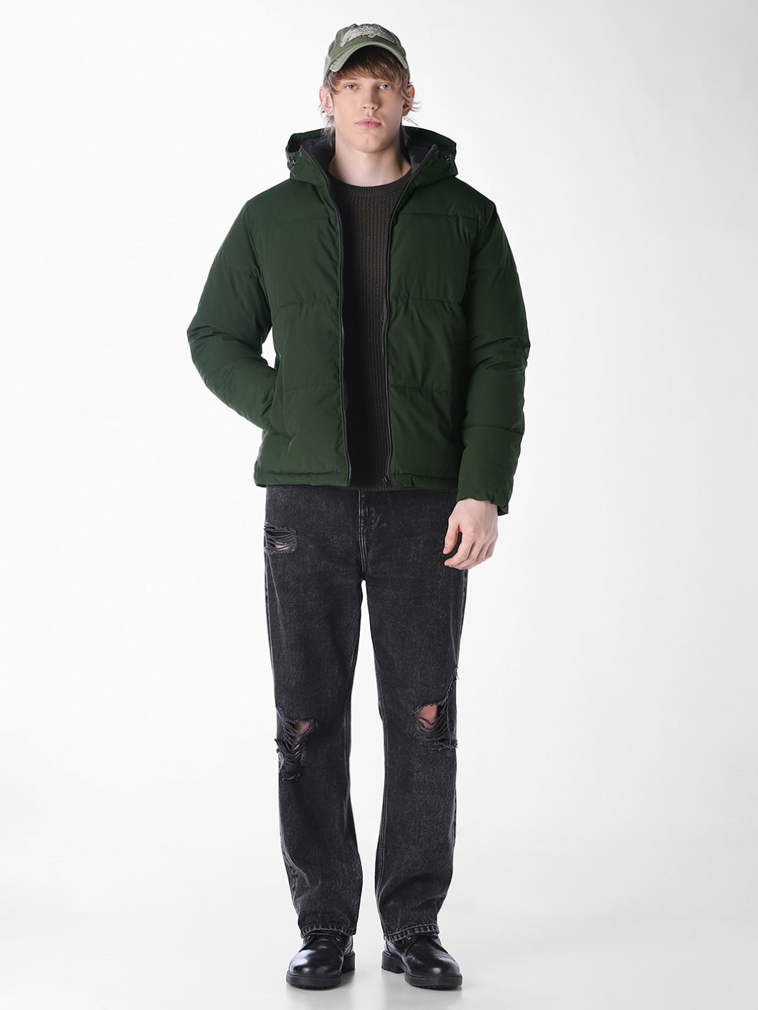 Green Solid Regular Fit Puffer Jacket