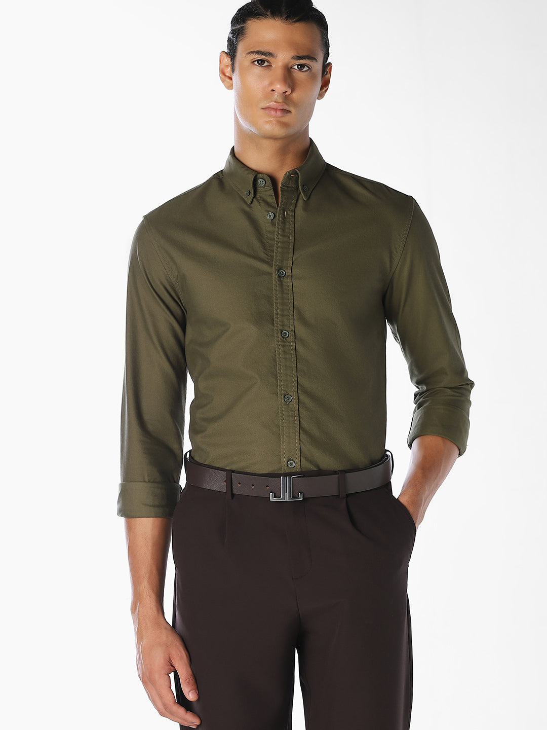 Olive Green Cotton Regular Fit Shirt