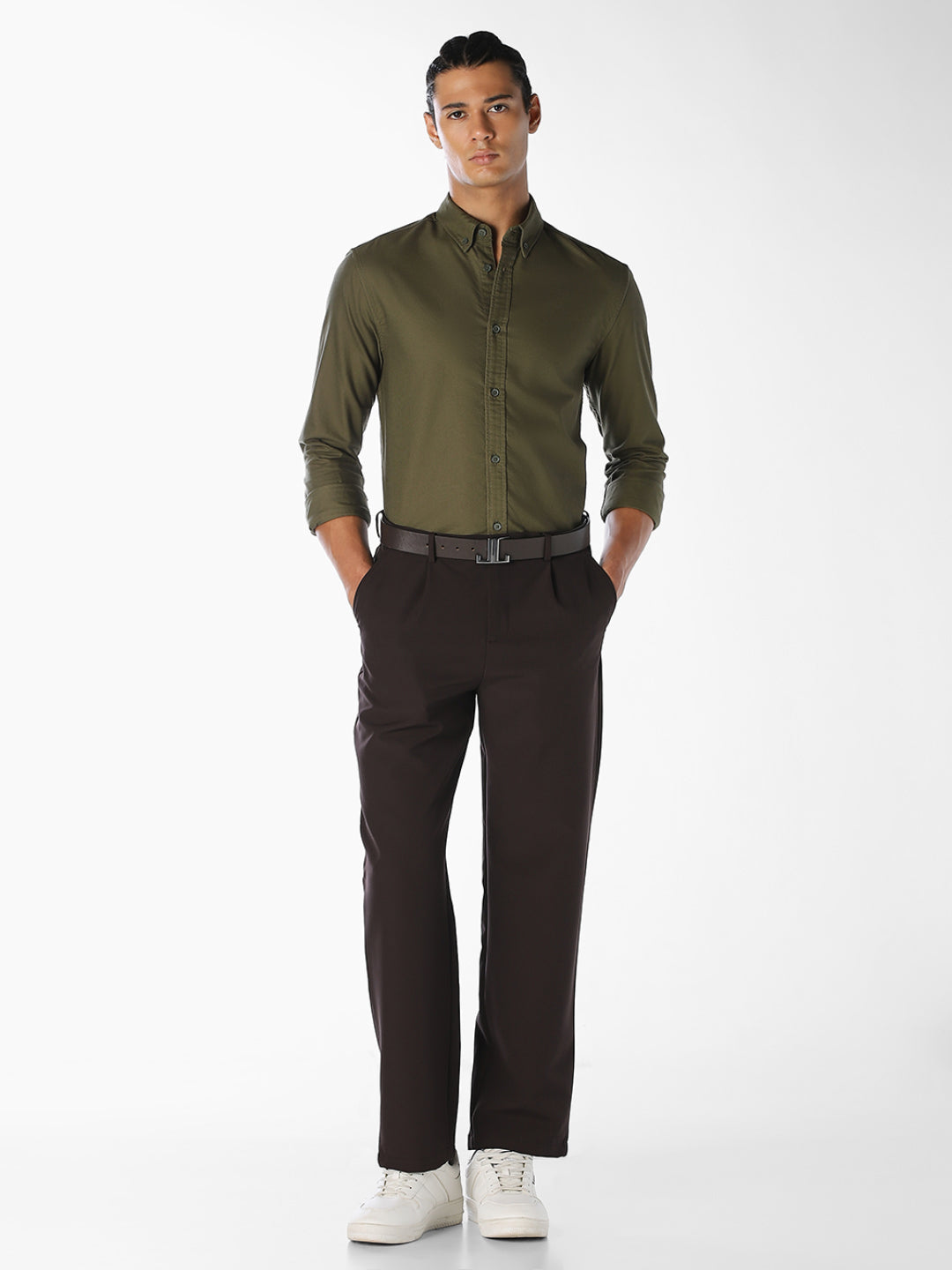 Olive Green Cotton Regular Fit Shirt