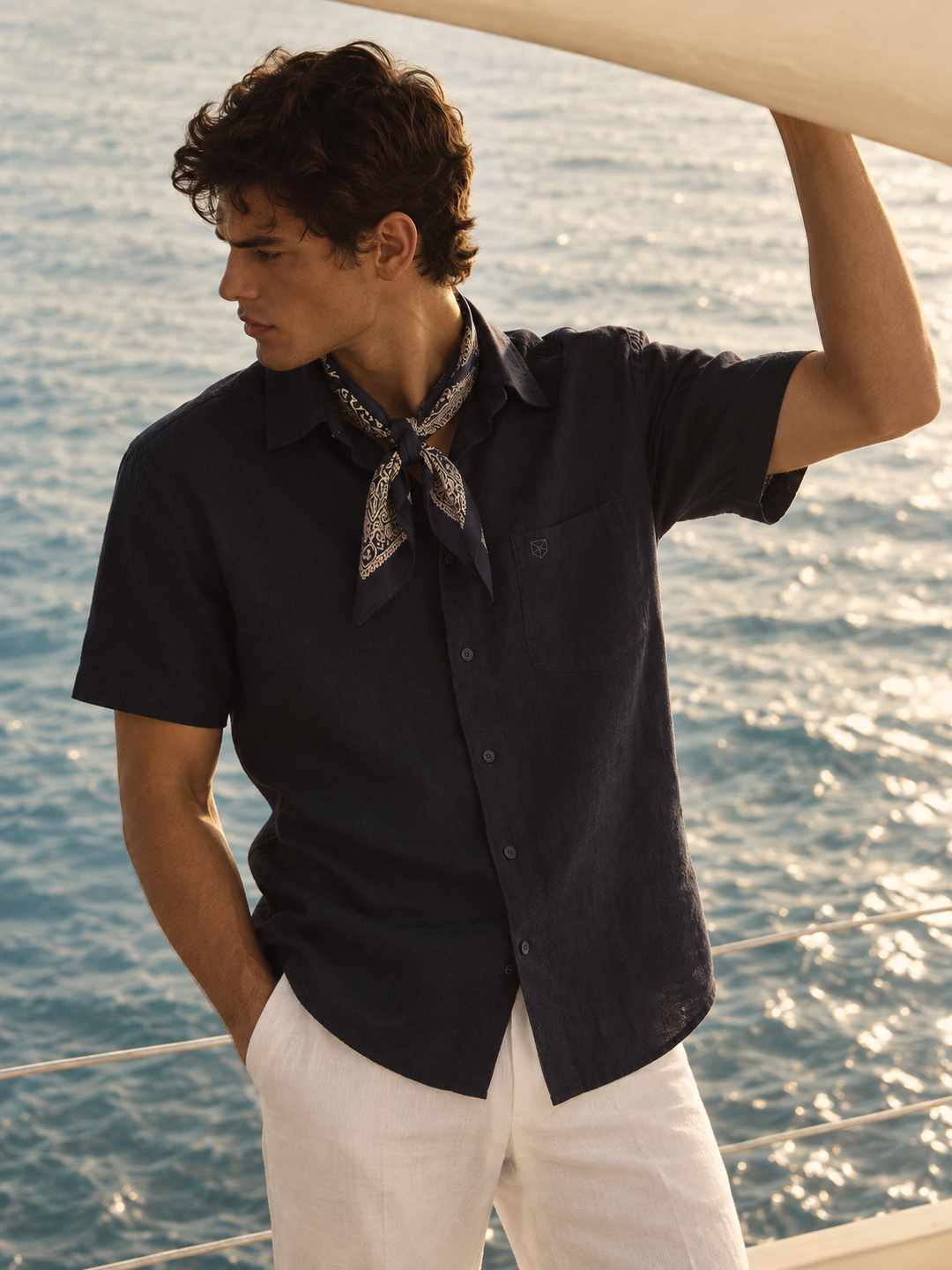 Navy Linen Blend Short Sleeves Shirt