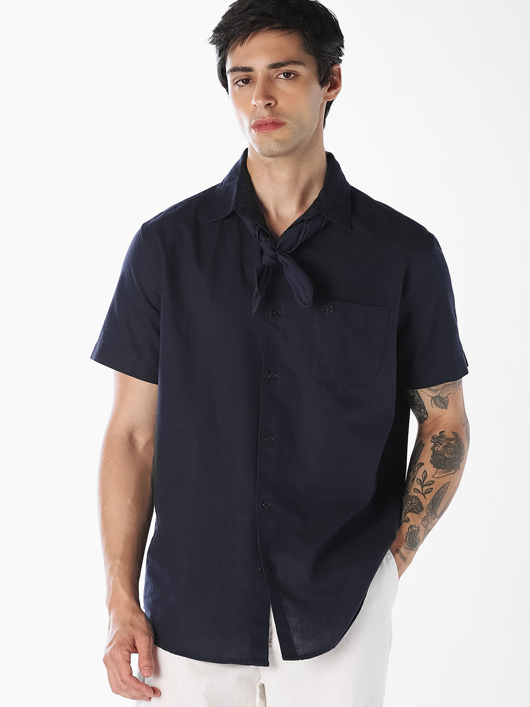 Navy Linen Blend Short Sleeves Shirt - S