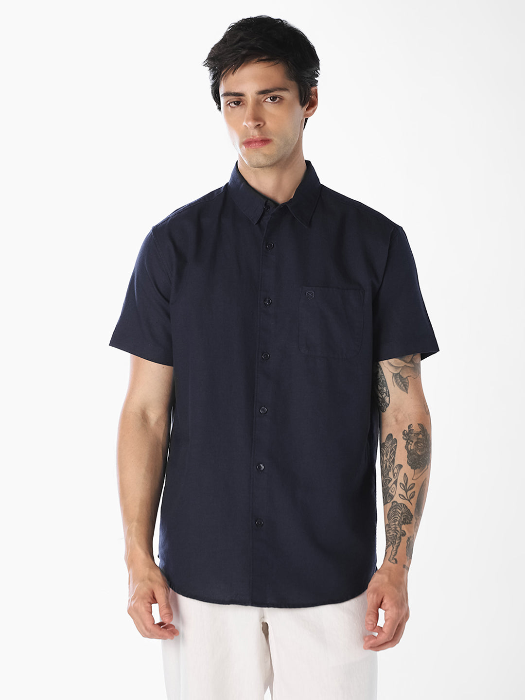 Navy Linen Blend Short Sleeves Shirt