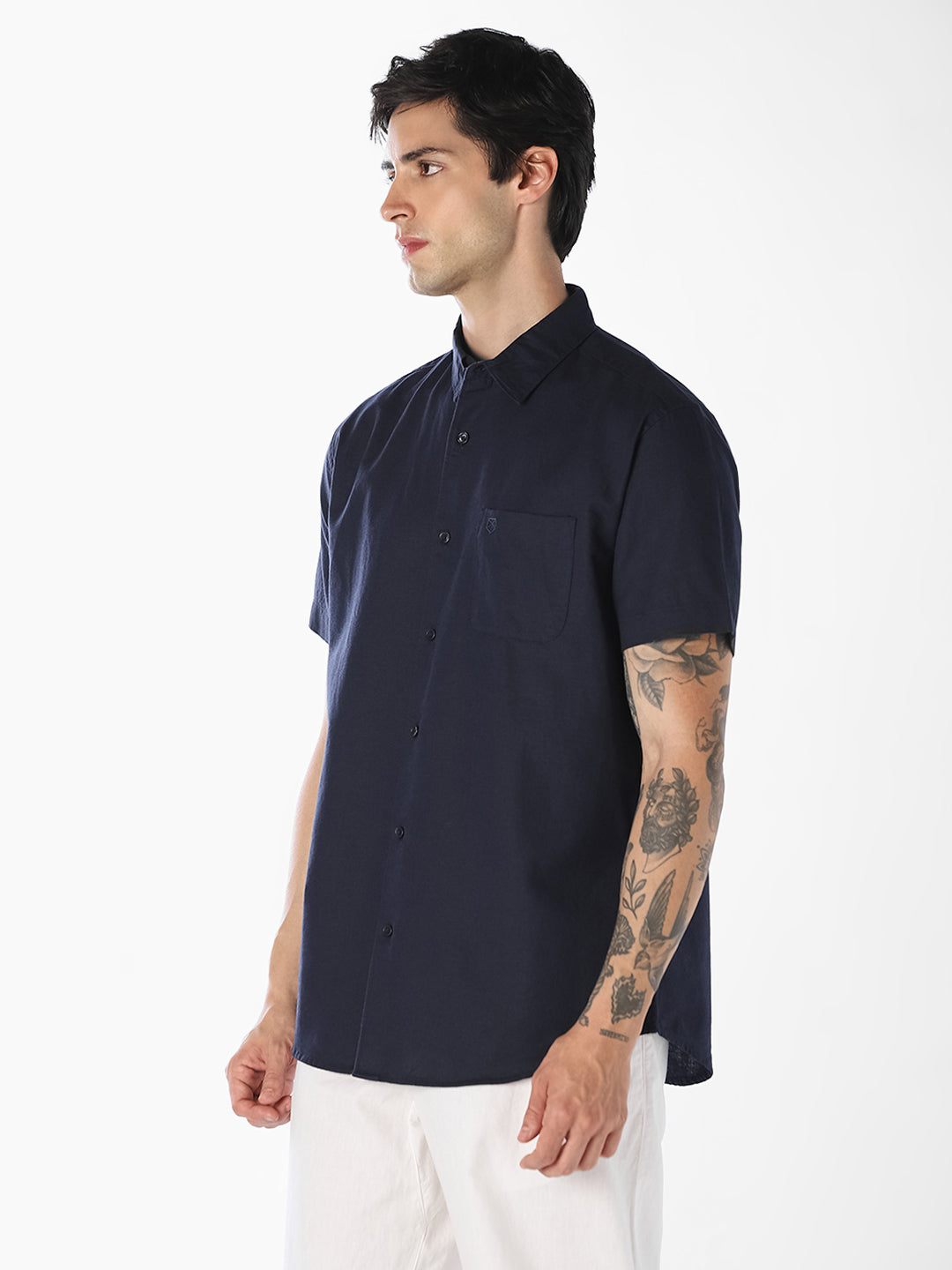 Navy Linen Blend Short Sleeves Shirt