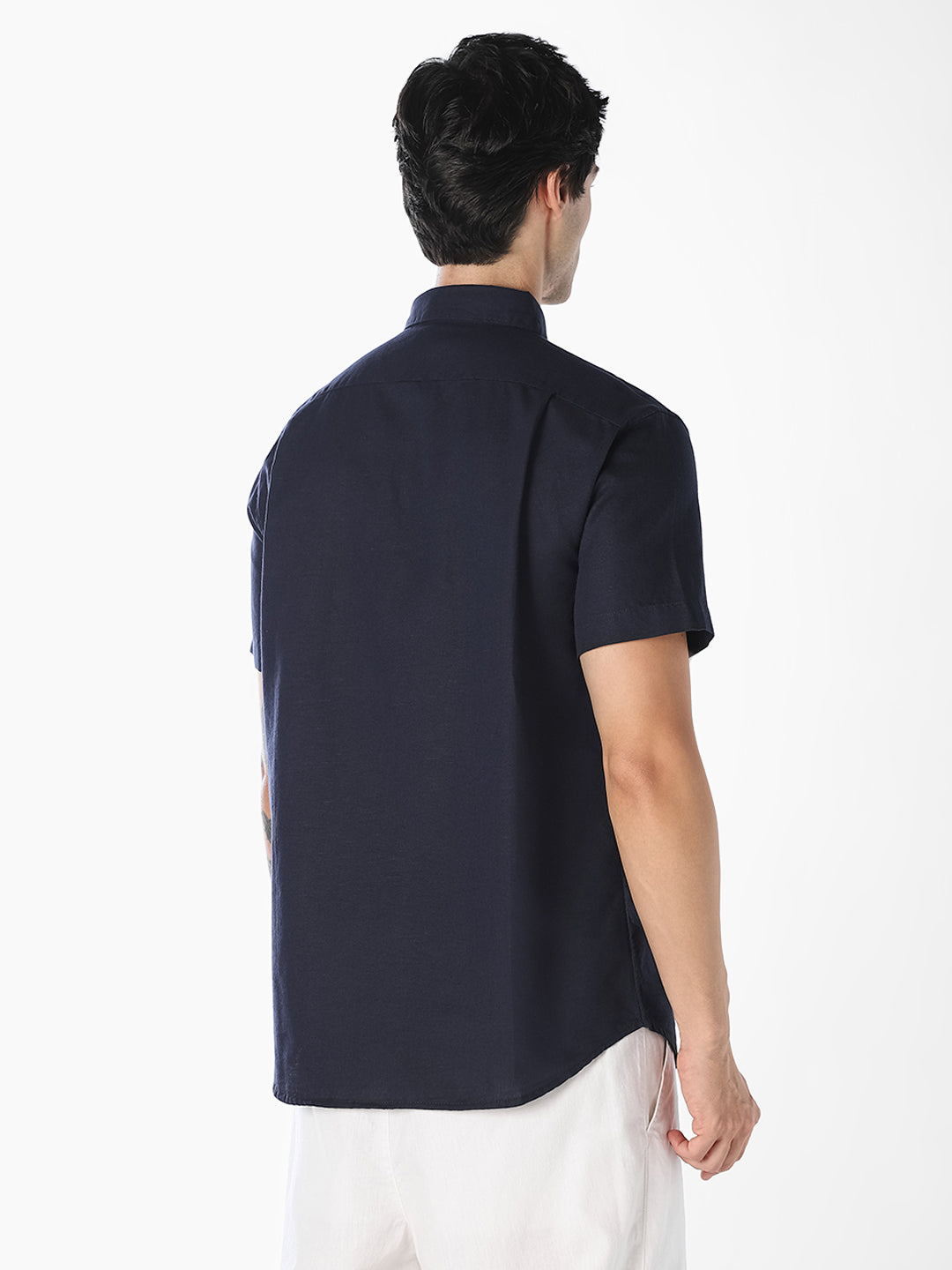 Navy Linen Blend Short Sleeves Shirt