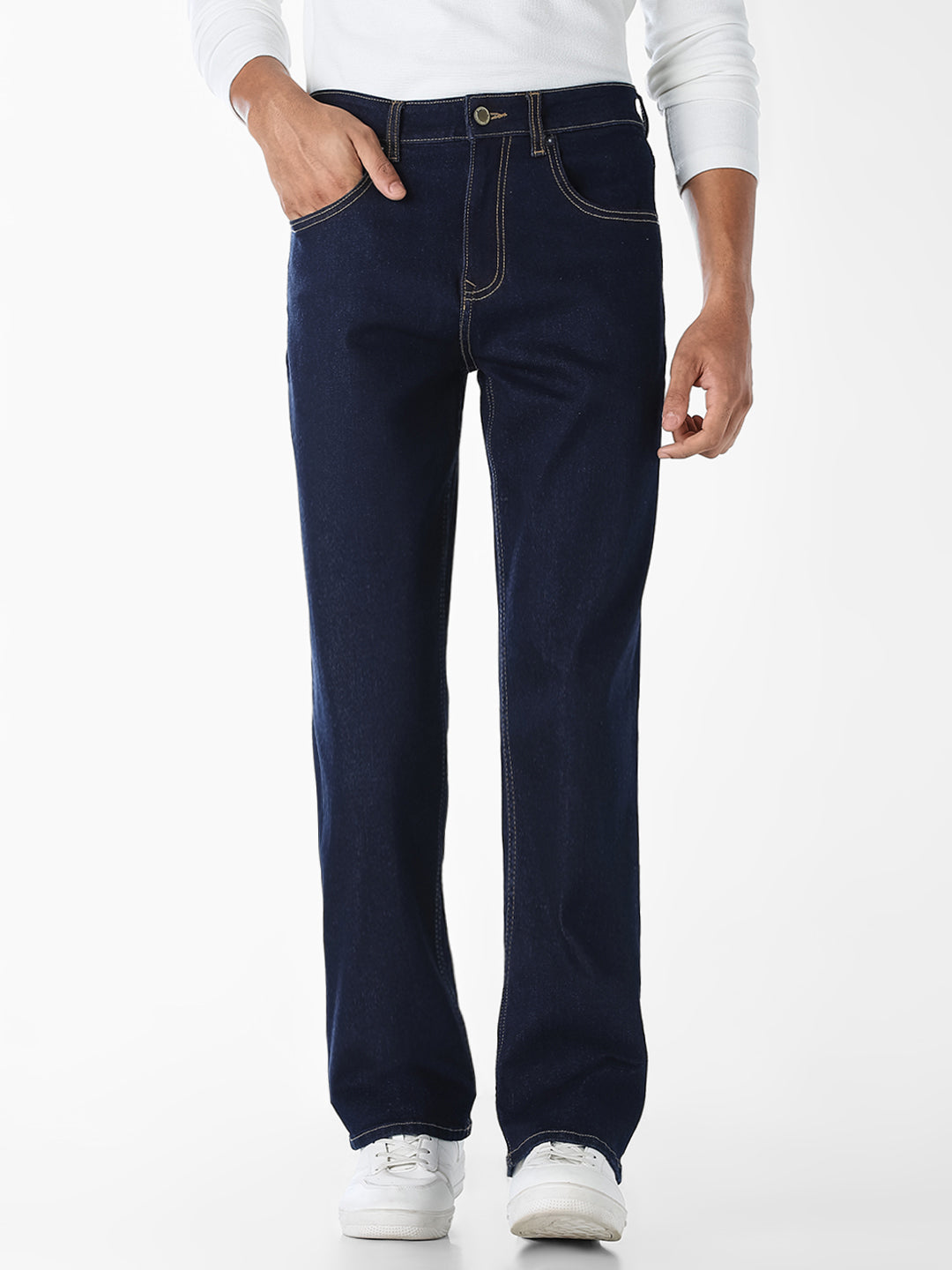 Dark Blue Contrast Stitch Bootcut Jeans