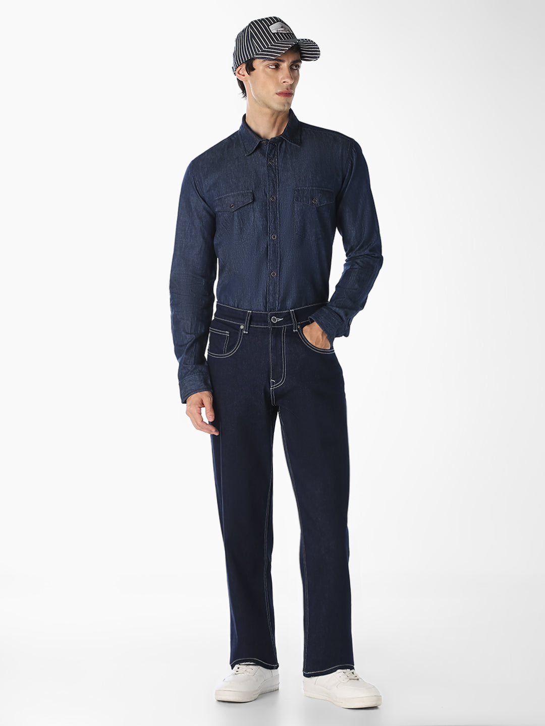 Blue Contrast Stitch Bootcut Jeans