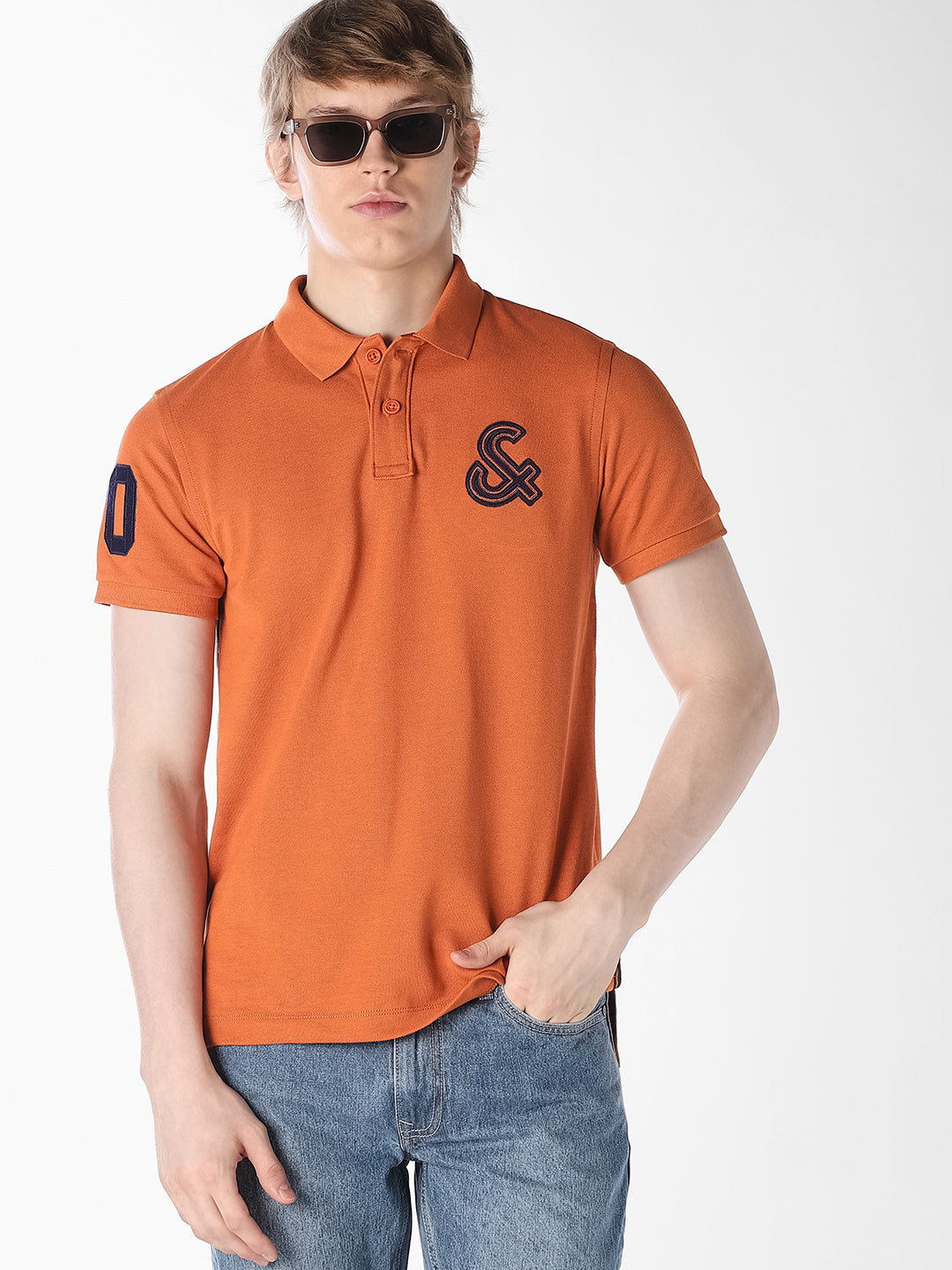 Orange Contrast Embroidered Polo - S