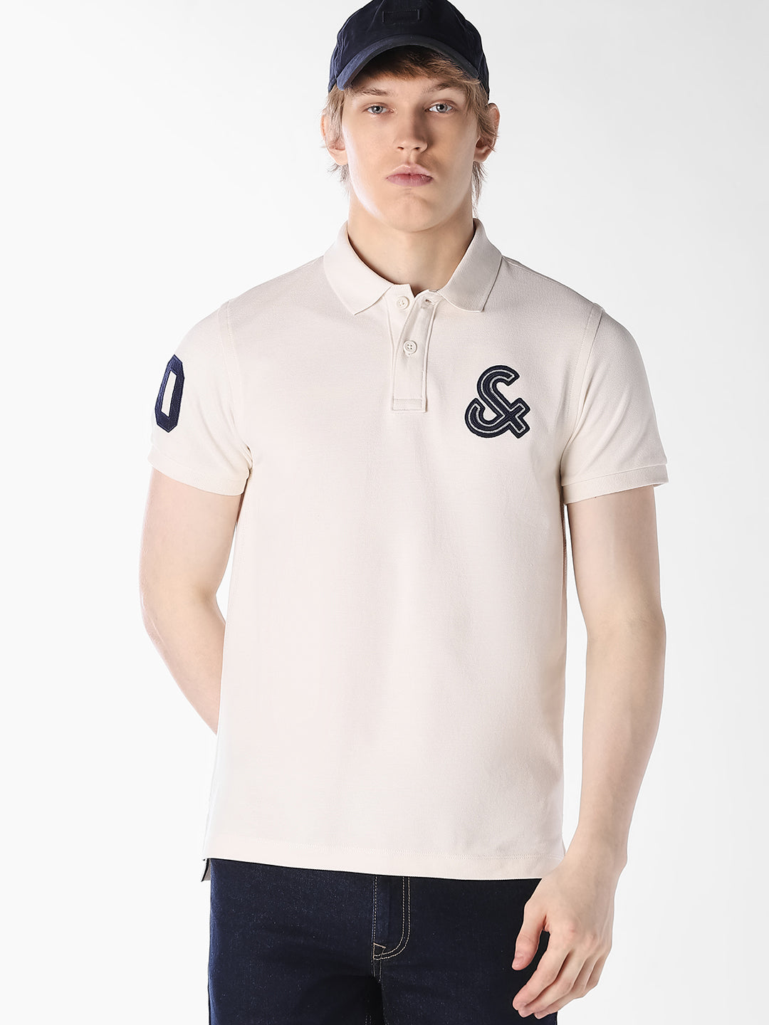 White Contrast Embroidered Polo - S