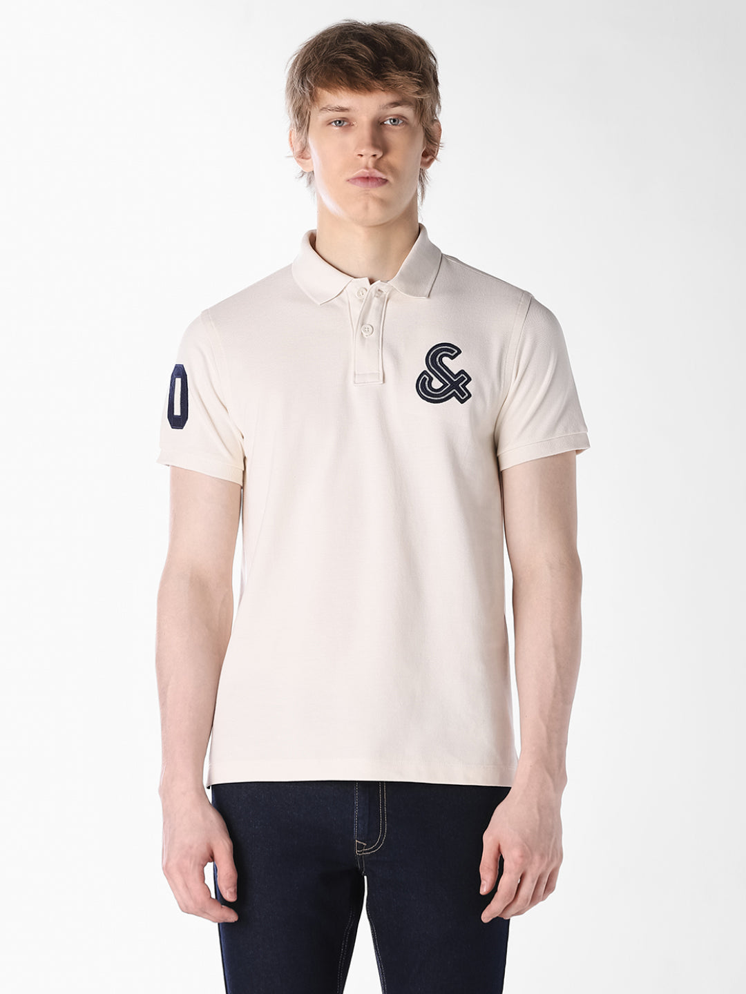 White Contrast Embroidered Polo