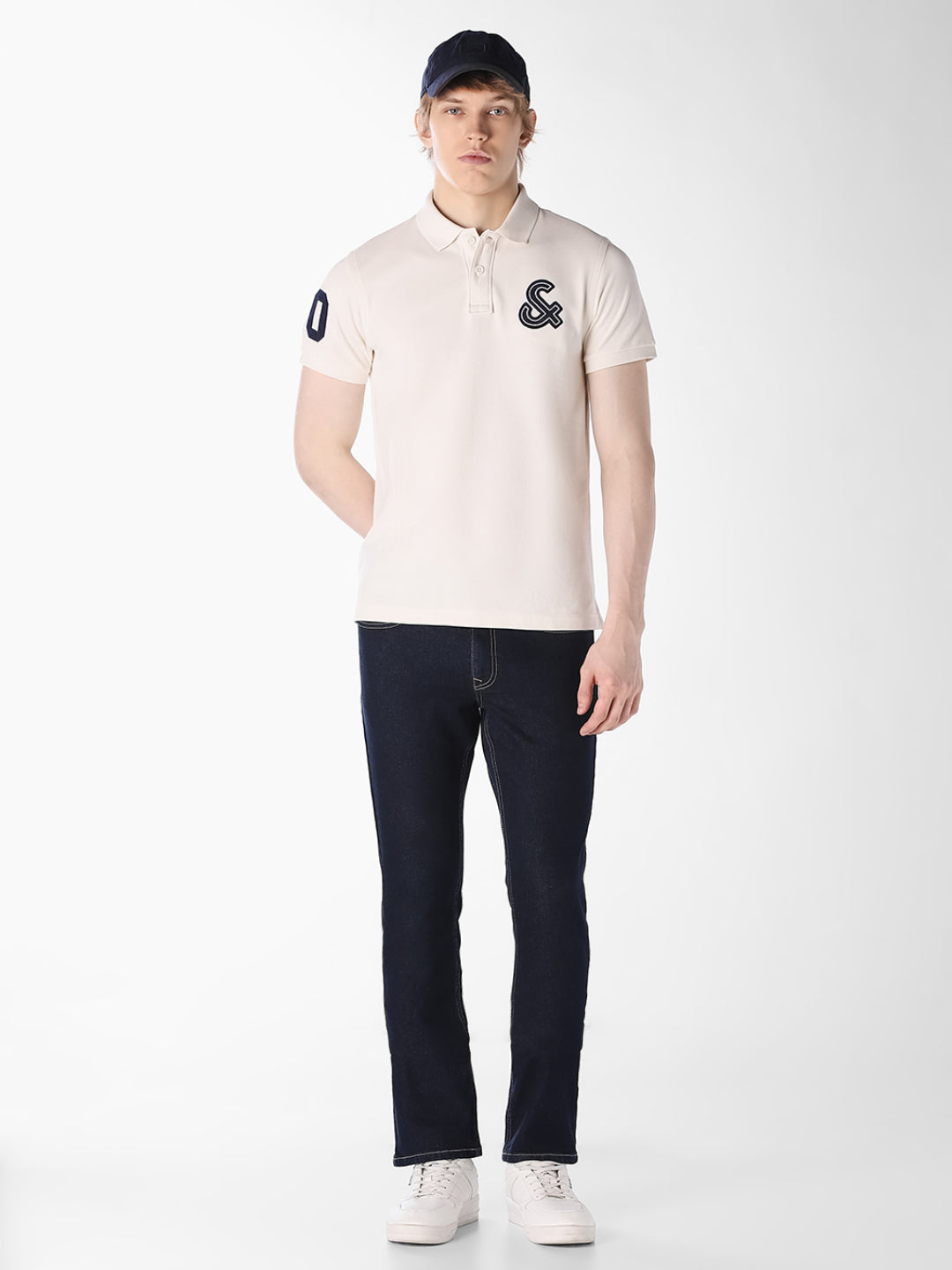 White Contrast Embroidered Polo