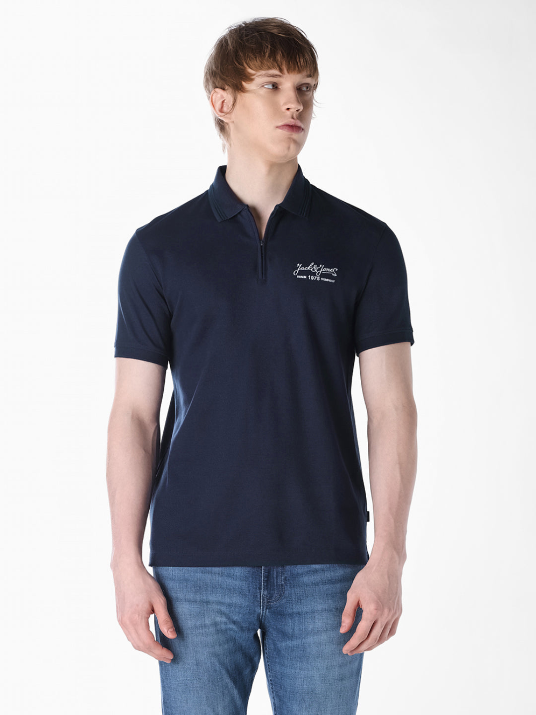 Ribbed Collar Navy Blue Polo