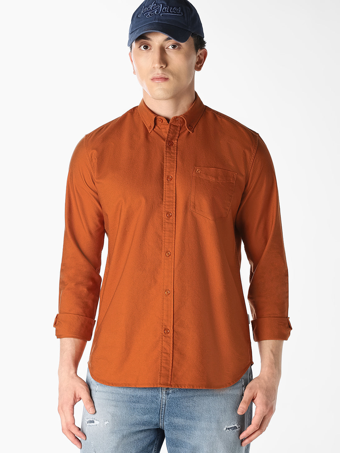 Orange Cotton Full Sleeves Shirt - S
