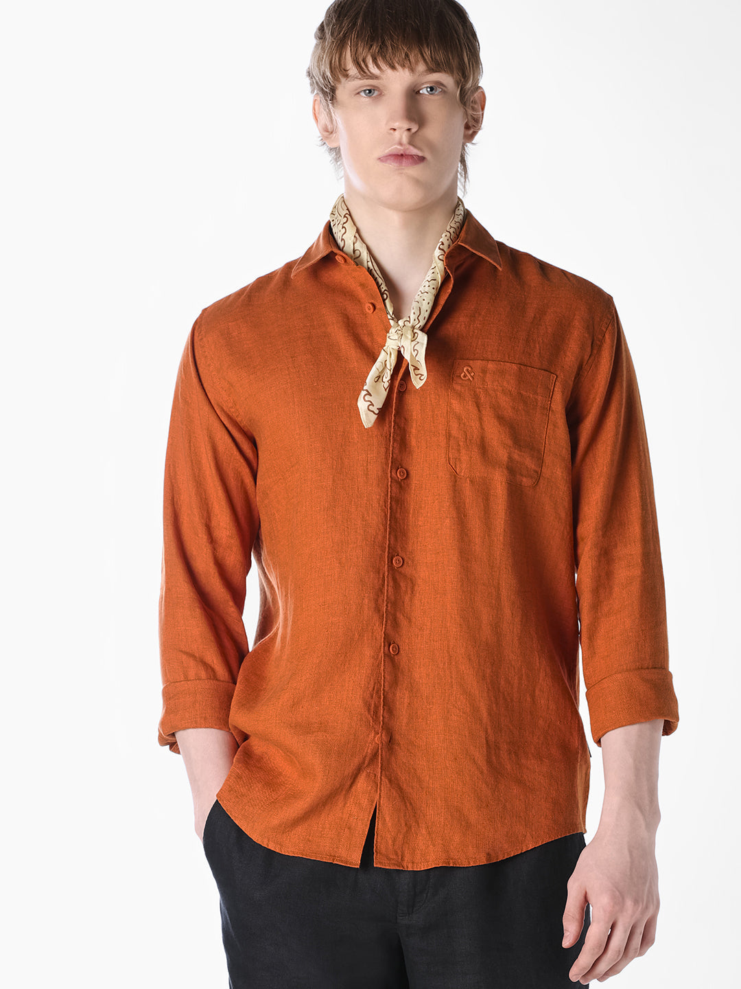 Brown Washed linen-cotton shirt