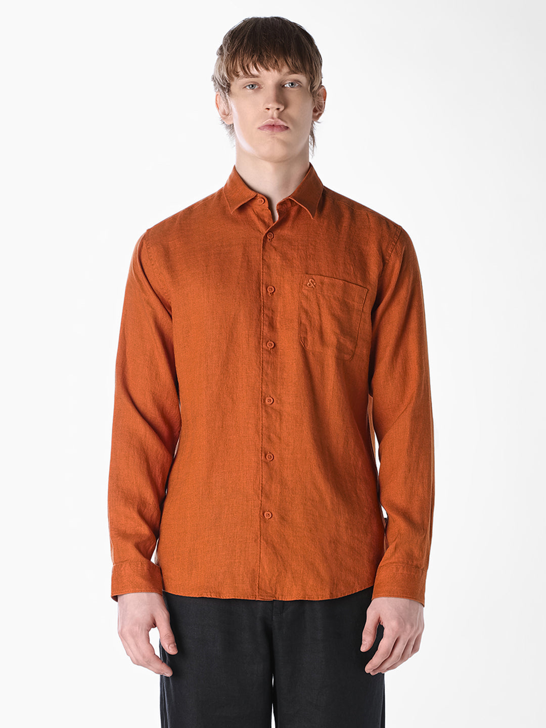 Brown Washed linen-cotton shirt