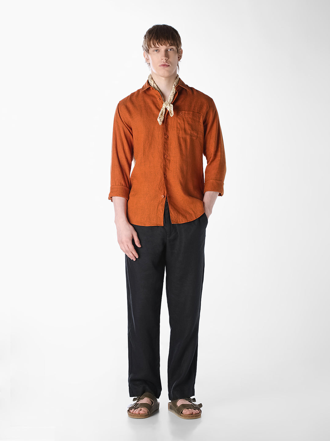 Brown Washed linen-cotton shirt