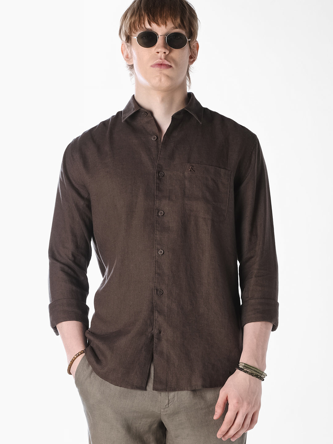 Brown Washed linen-cotton shirt
