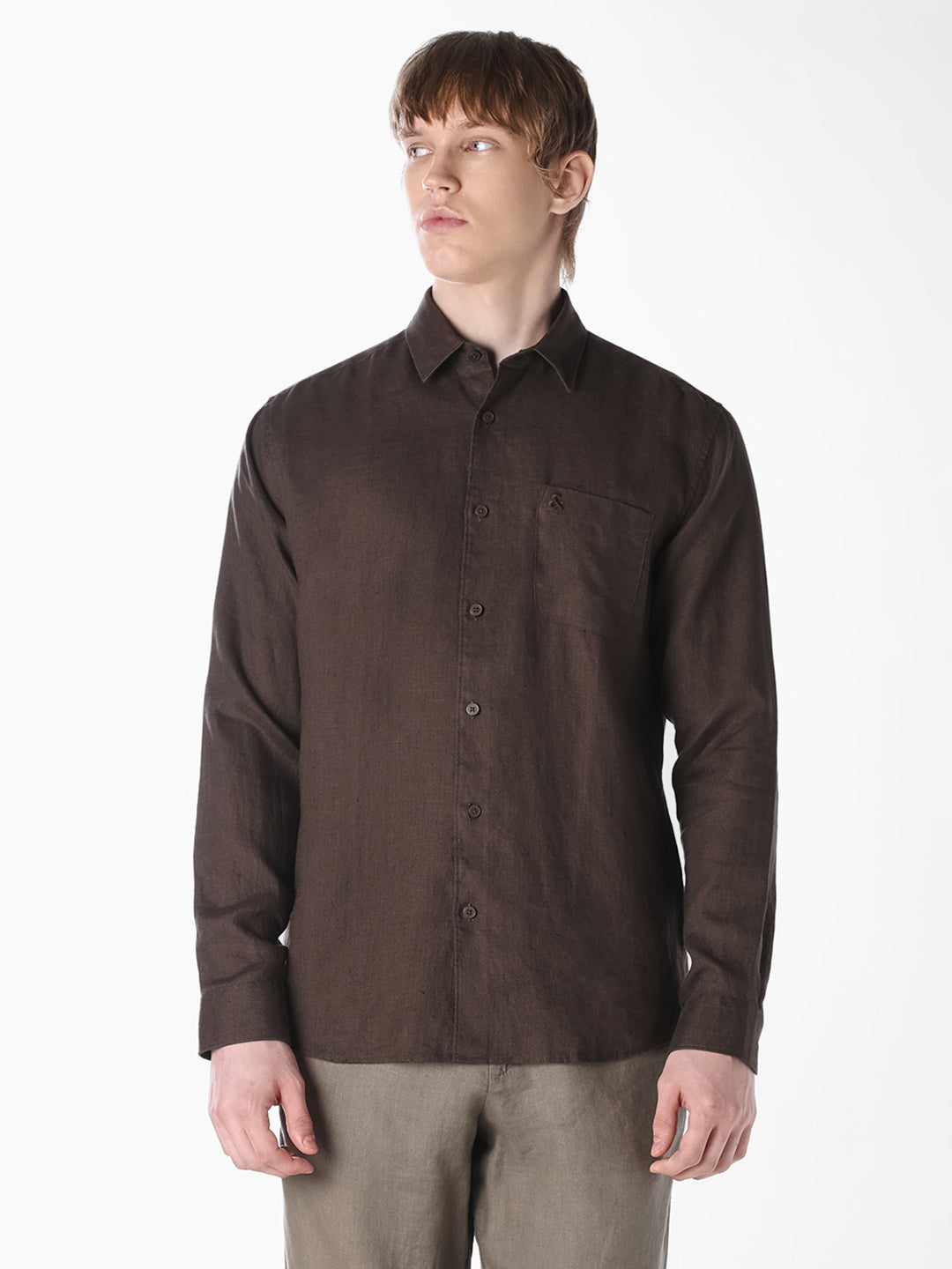 Brown Washed linen-cotton shirt
