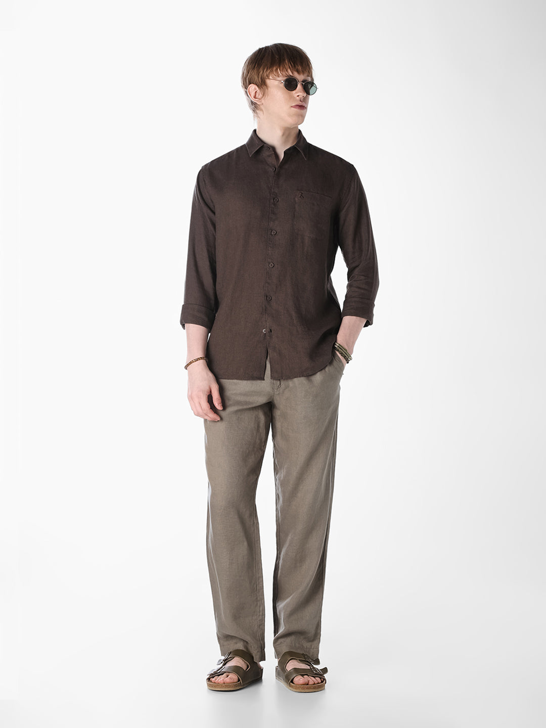 Brown Washed linen-cotton shirt