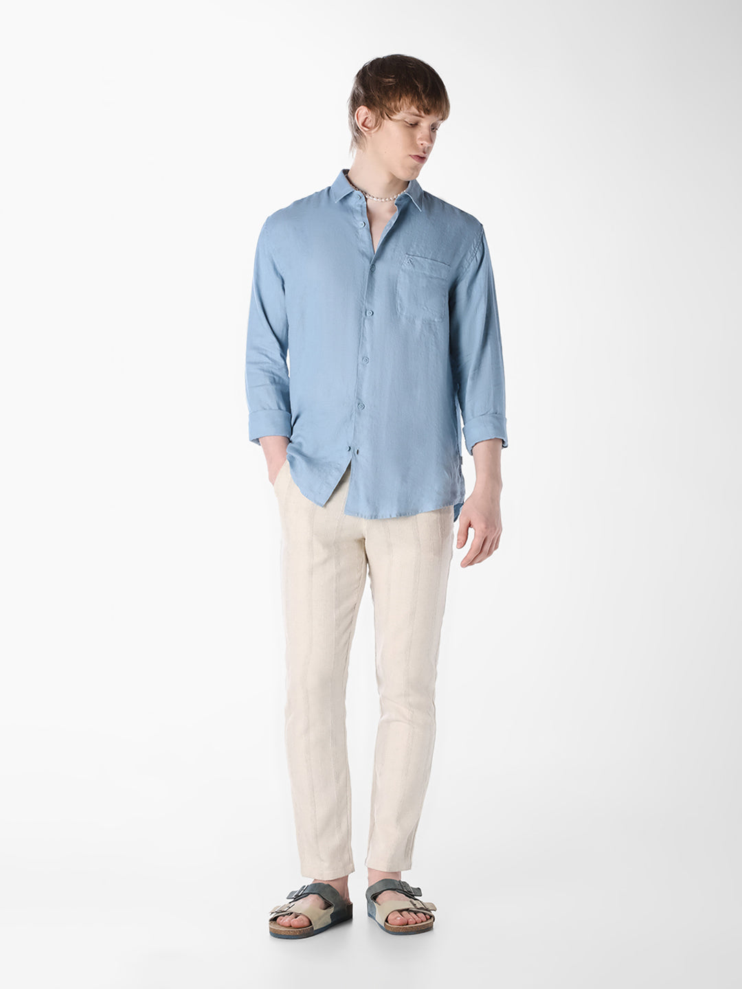 Blue Washed linen-cotton shirt
