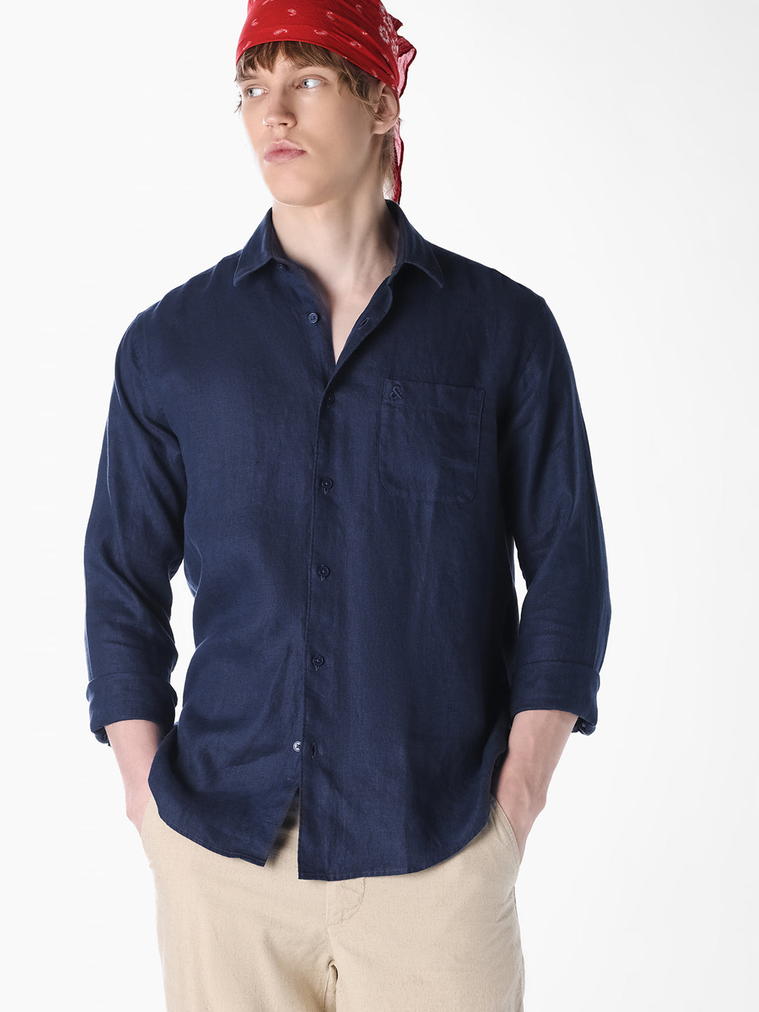 Navy Washed linen-cotton shirt